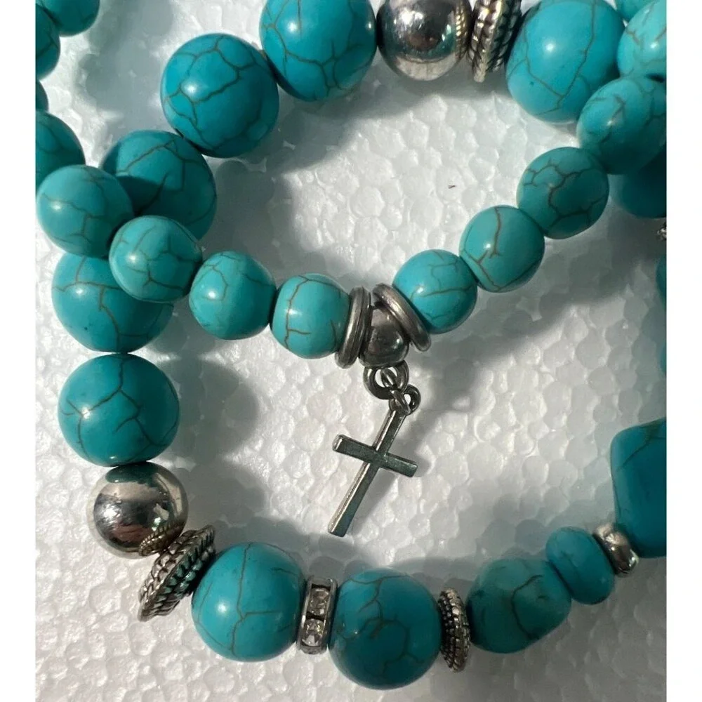 Blue Beaded Cross Stretch Bracelet Lot of 2‎ Rhinestones Silver tone